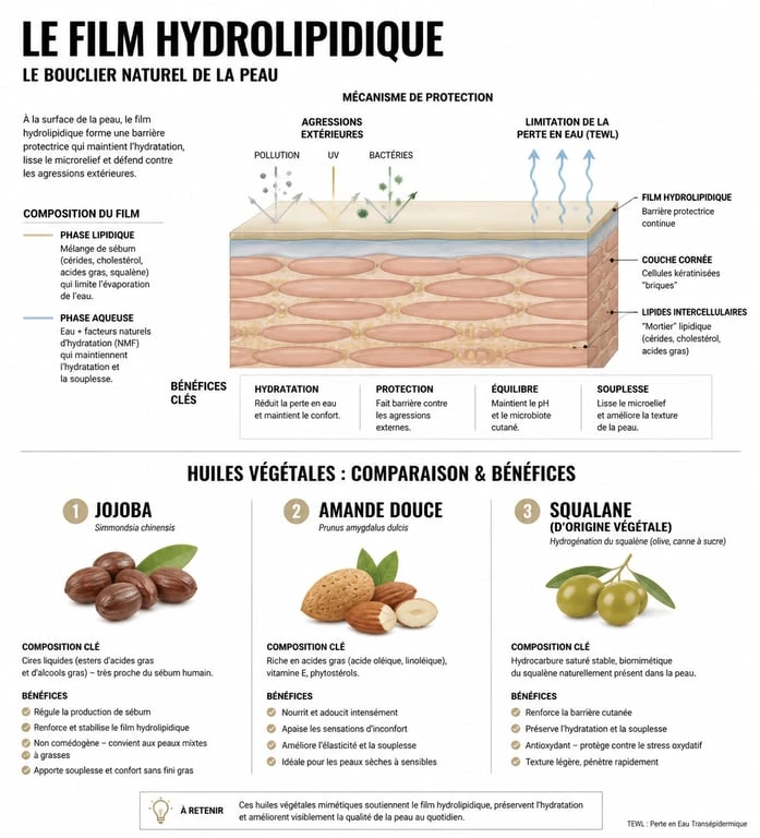 Infographie sur l'hydratation de la peau sans crème et les bienfaits des huiles végétales pour comment hydrater sa peau sans crème