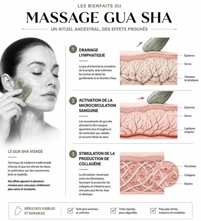 Infographie illustrant les bienfaits du gua sha sur la peau du visage et la stimulation lymphatique