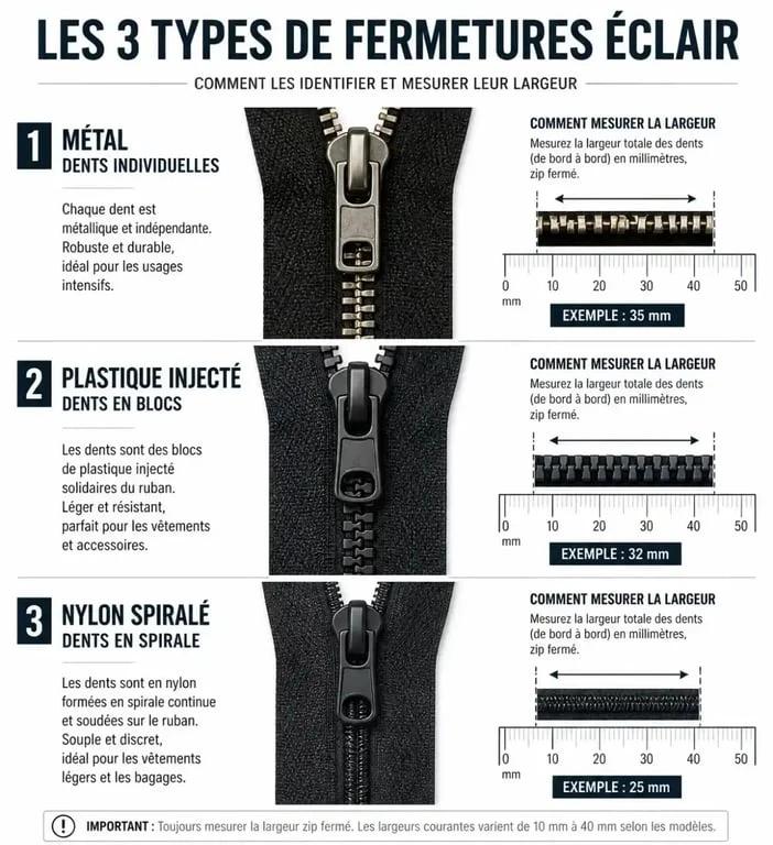 Infographie explicative des types de fermetures éclair pour réparation avec kit Clip & Zip