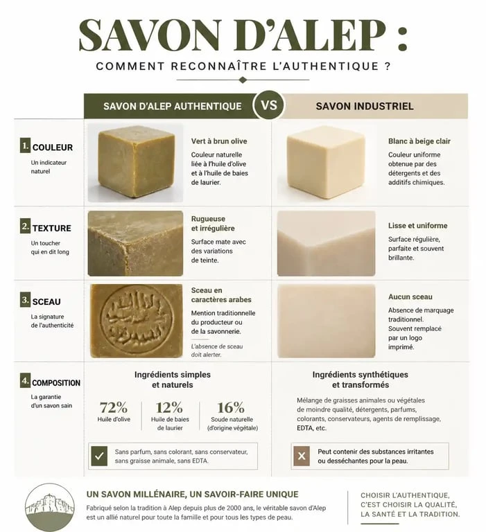 Infographie comparative pour reconnaître un savon d'Alep authentique selon l'avis des dermatologues