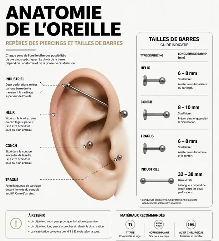 Schéma anatomique des zones de piercing d'oreille avec les types de barres et tailles recommandées pour le piercing barre oreille