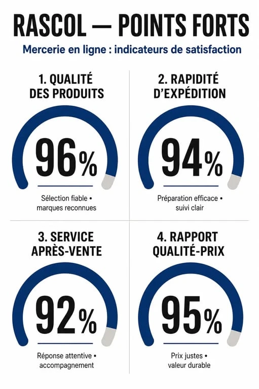 Infographie récapitulative des avis clients sur la mercerie Rascol : qualité, livraison et service client.