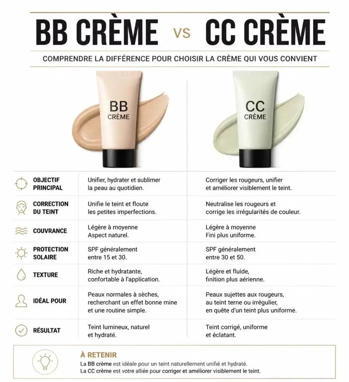Infographie comparative montrant la différence entre BB crème et CC crème pour choisir le meilleur produit de soin