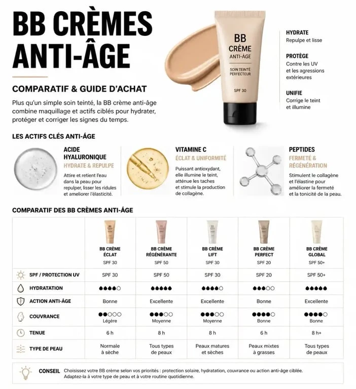 Infographie comparative des meilleures BB crèmes anti-âge : actifs, SPF et bénéfices pour la peau.