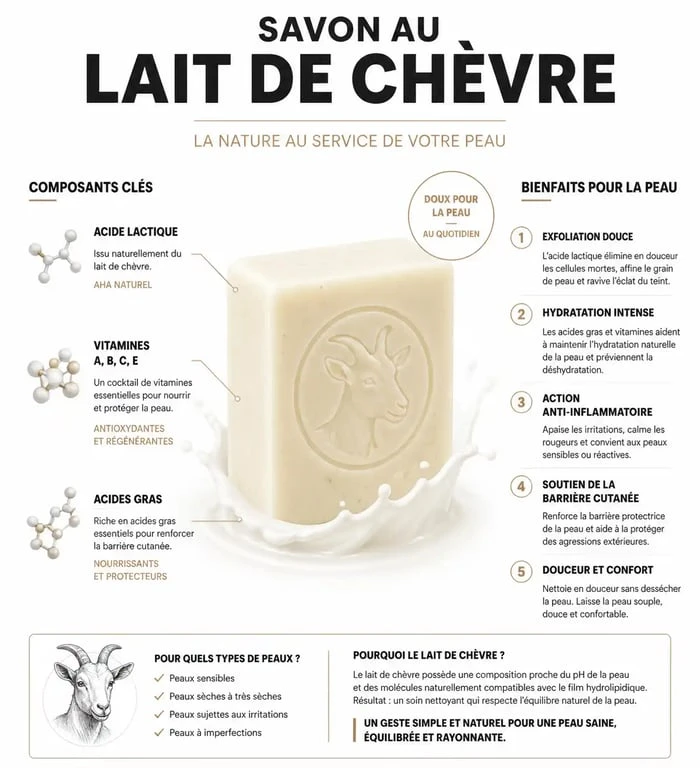 Infographie des bienfaits du savon au lait de chèvre pour la peau et ses propriétés dermatologiques