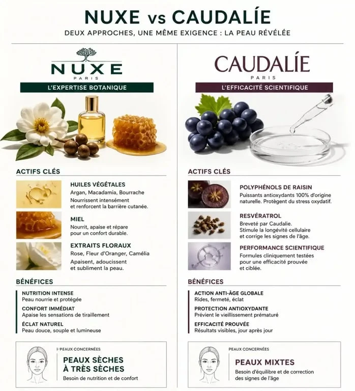 Comparatif des marques de cosmétiques Nuxe et Caudalie : ingrédients, types de peau et bienfaits pour choisir entre Nuxe ou Caudalie.