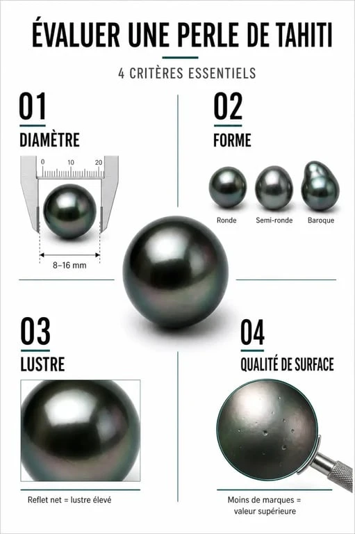 Infographie des critères de valeur d'un collier de perles de Tahiti : diamètre, forme, lustre et surface.