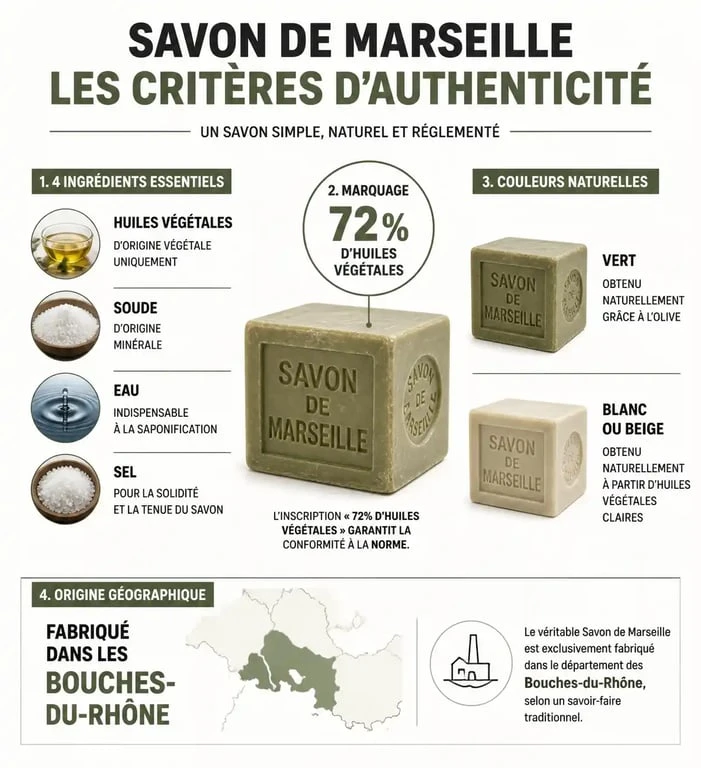 Infographie des critères pour reconnaître un vrai savon de Marseille authentique