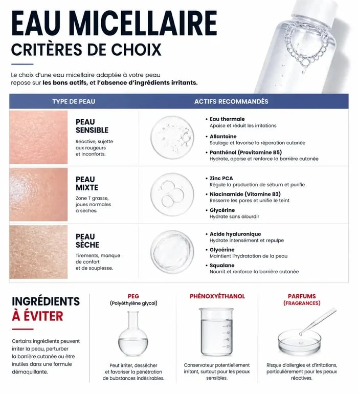 Infographie des critères pour choisir la meilleure eau micellaire selon son type de peau et sa composition.