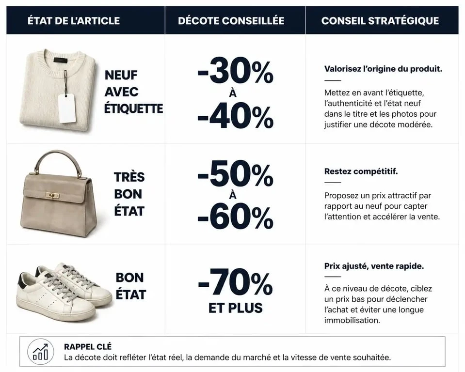 Infographie des conseils de prix pour bien vendre sur Vinted selon l'état du vêtement