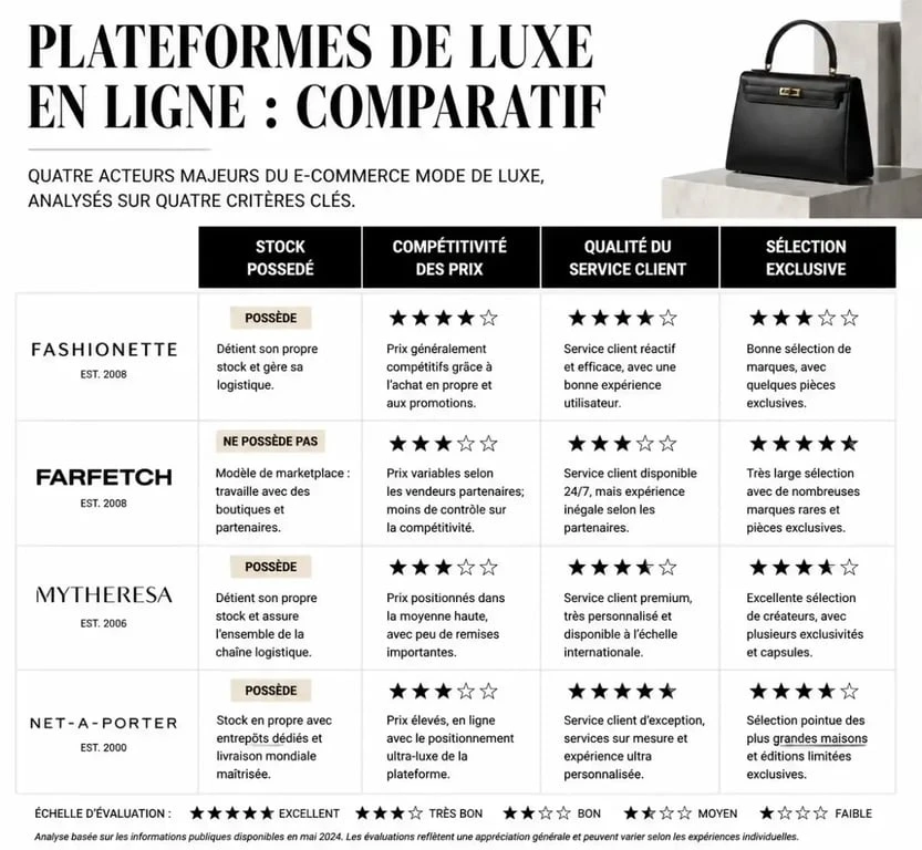 Tableau comparatif des sites de luxe Fashionette, Farfetch, Mytheresa et Net-a-Porter pour aider à choisir où acheter son sac de créateur.