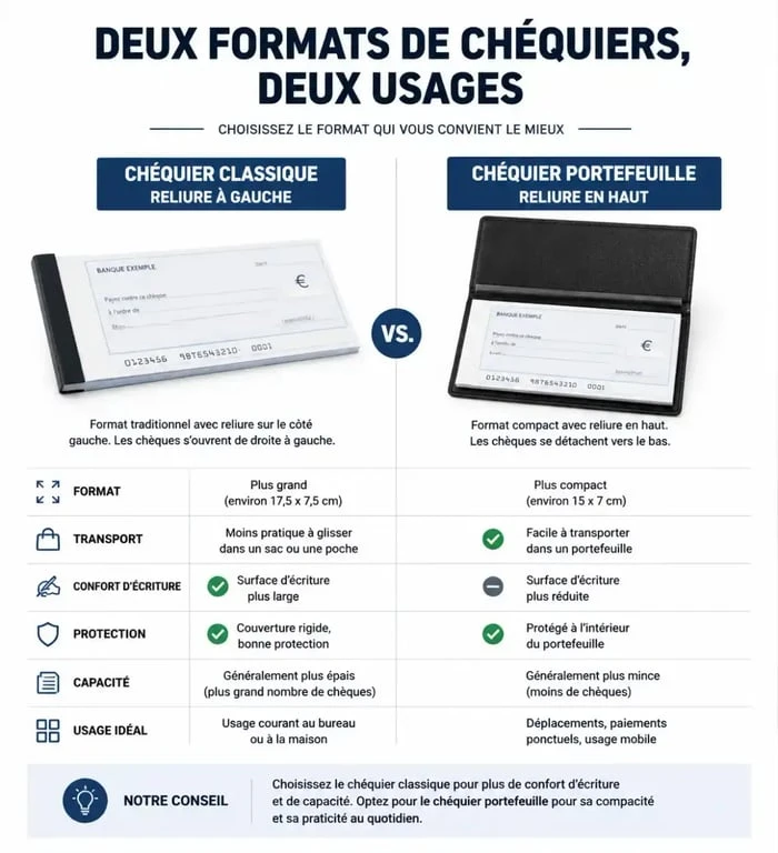 Comparaison visuelle entre un chéquier classique et un chéquier portefeuille pour comprendre les différences de format et de manipulation.