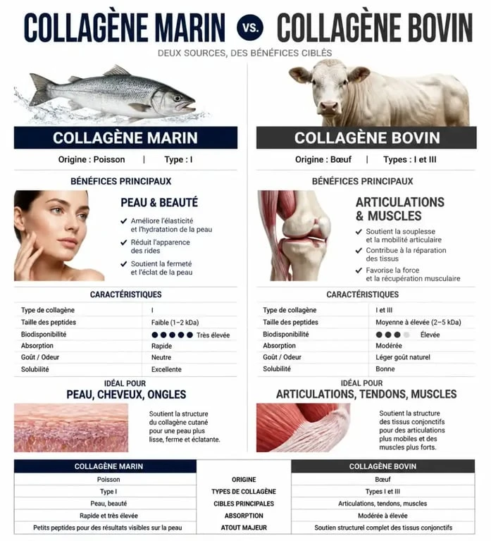 Infographie comparative : différences entre collagène marin et collagène bovin pour choisir son complément alimentaire
