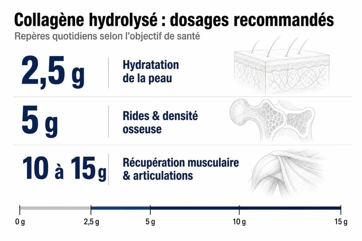 Infographie des dosages recommandés de collagène par jour selon l'objectif : peau, articulations et os.