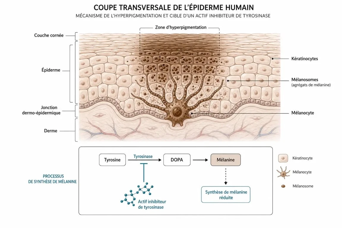 Schéma explicatif du fonctionnement d'un correcteur de taches brunes sur la mélanine cutanée