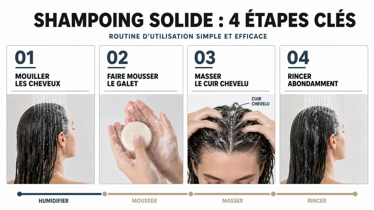Infographie des étapes pour bien utiliser un shampoing solide sur ses cheveux
