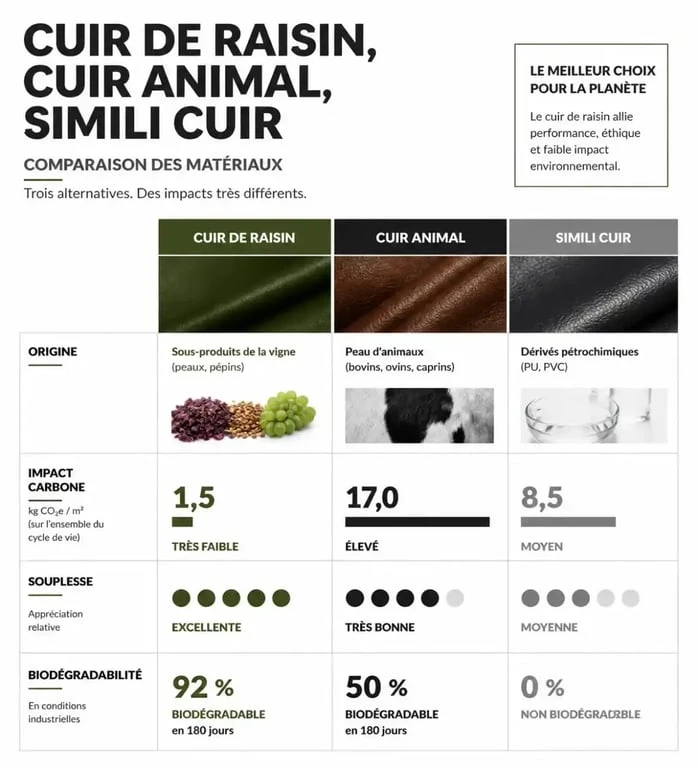 Comparatif des caractéristiques entre le cuir de raisin, le cuir animal et le simili cuir.