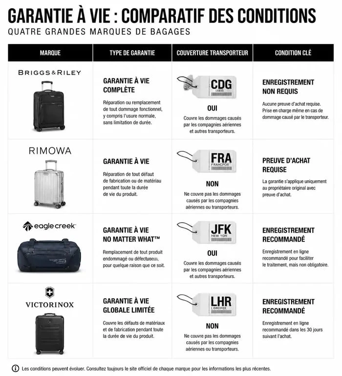 Tableau comparatif des garanties à vie des marques de valises : Briggs & Riley, Rimowa, Eagle Creek et Victorinox pour choisir sa valise garantie à vie.