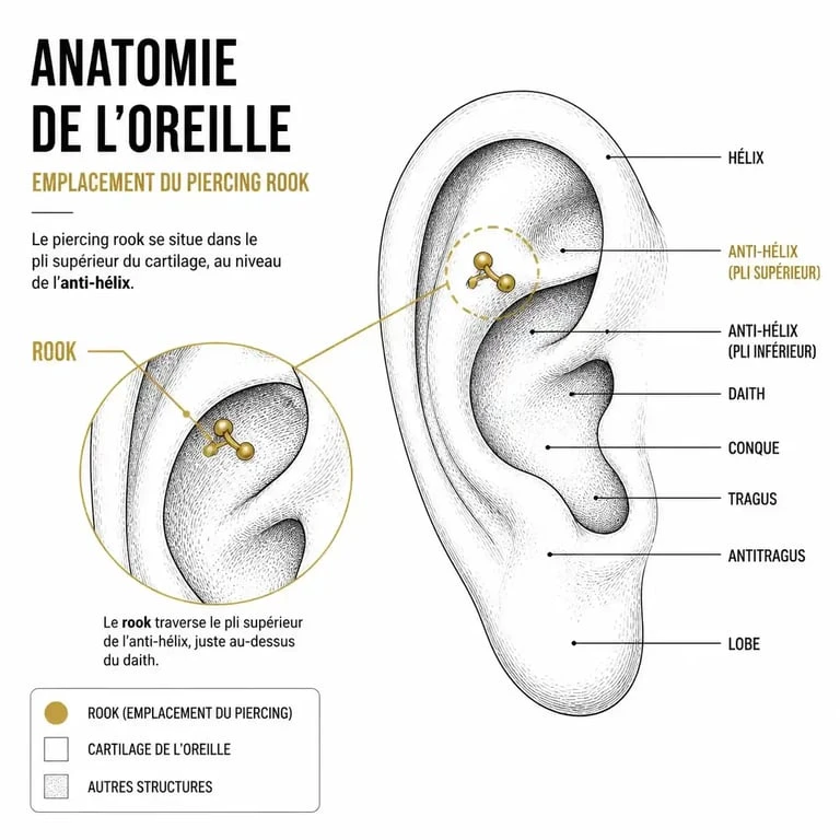 Schéma anatomique montrant l'emplacement précis du piercing rook sur l'oreille