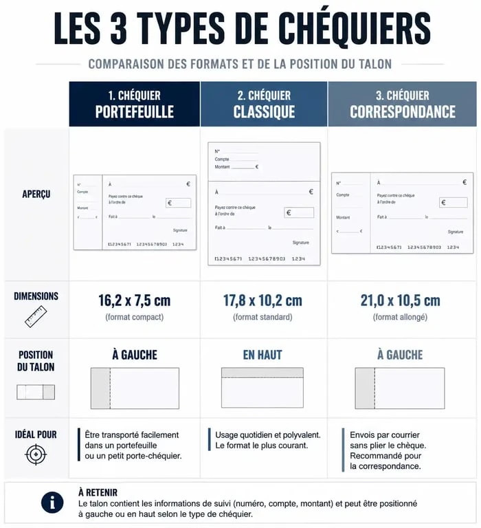 Comparatif des formats de chéquiers : portefeuille, classique et correspondance pour choisir le modèle adapté.