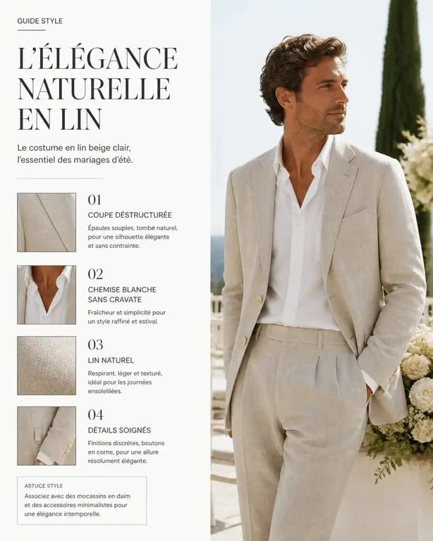 Homme portant une tenue de mariage homme été élégante en lin beige