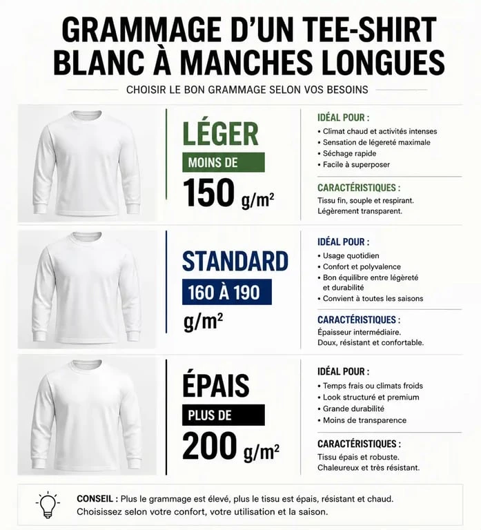 Infographie comparative des grammages de tee-shirt blanc homme manche longue pour choisir la qualité idéale