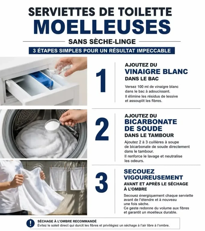 Infographie des étapes pour avoir des serviettes de toilette moelleuses sans sèche-linge naturellement