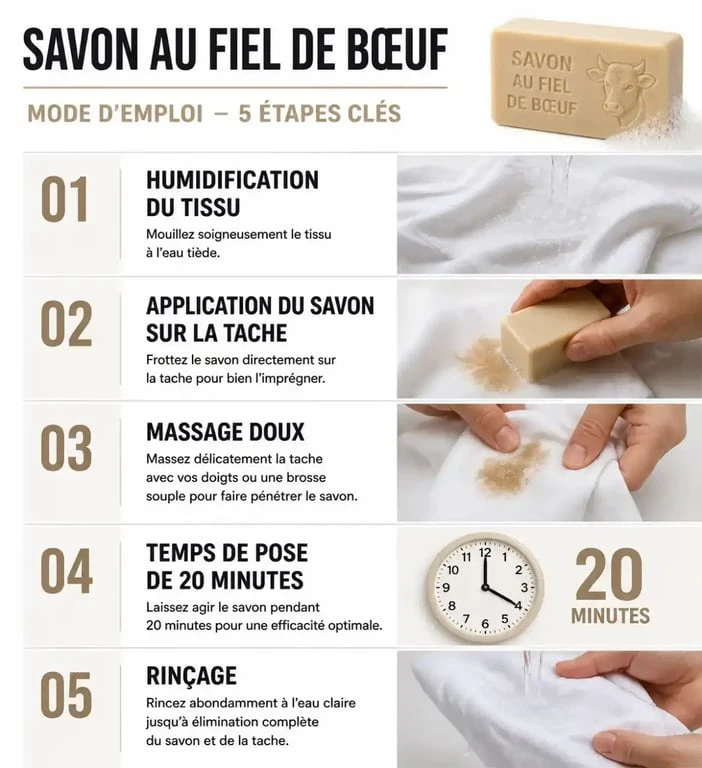 Infographie montrant les étapes d'utilisation du savon au fiel de bœuf pour détacher efficacement les vêtements.