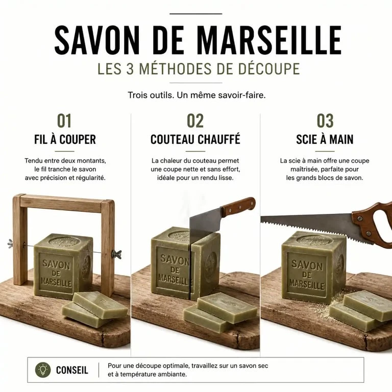 Méthodes pour couper un savon de Marseille : fil, couteau chauffé et scie