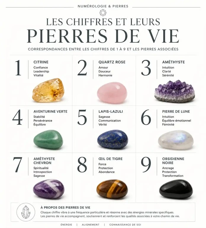 Infographie des correspondances entre les chiffres du chemin de vie et les pierres de vie en lithothérapie