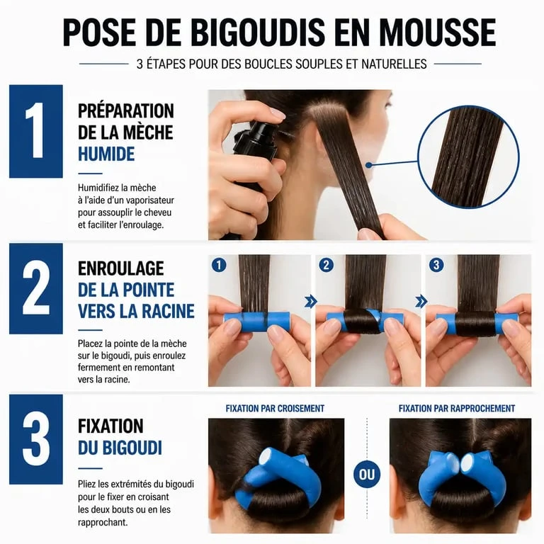 Étapes de pose des bigoudis en mousse pour des boucles sans chaleur