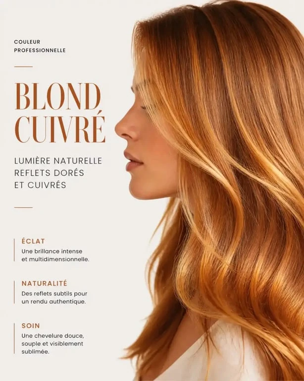 Femme avec une coloration blond cuivré lumineuse et naturelle