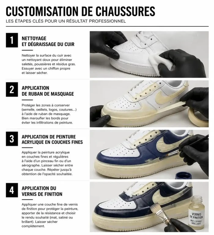 Étapes pour peindre des chaussures : préparation, masquage, application de la peinture et vernis de finition
