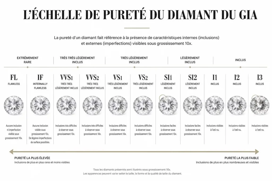 Échelle de pureté du diamant GIA : classification de FL à I3 pour évaluer la clarté et la qualité d'un diamant.