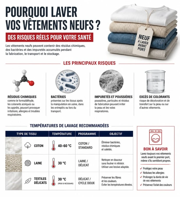Infographie sur les risques sanitaires et les conseils pour laver ses vêtements neufs avant de les porter