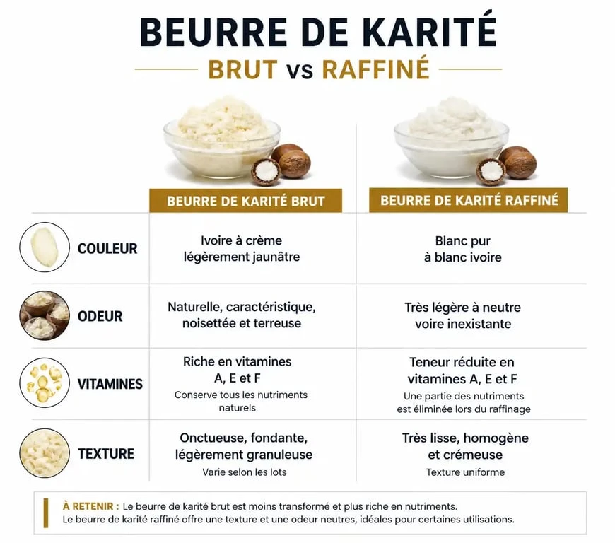 Comparatif beurre de karité brut vs raffiné pour une meilleure utilisation du beurre de karité