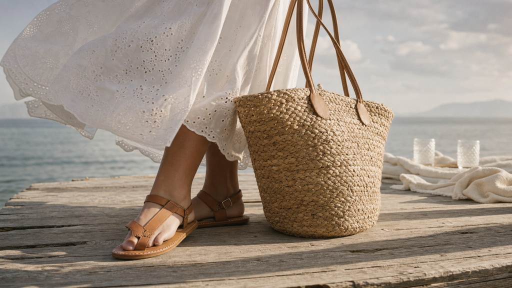Longue robe blanche été en lin et broderie anglaise, bord de mer