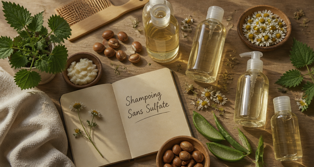 meilleur shampoing sans sulfate sans silicone sans paraben sur table bois avec ingrédients naturels