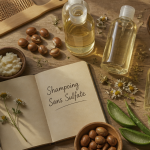meilleur shampoing sans sulfate sans silicone sans paraben sur table bois avec ingrédients naturels