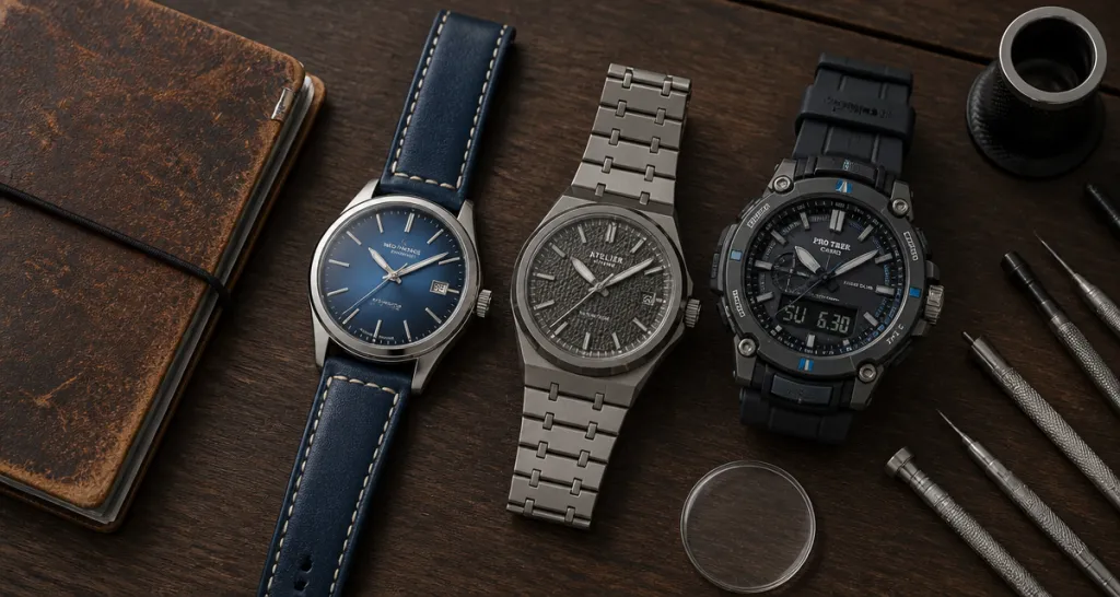 Montre homme 2025 trois modèles sur table bois