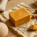 Savon curcuma artisanal au curcuma sur éponge konjac