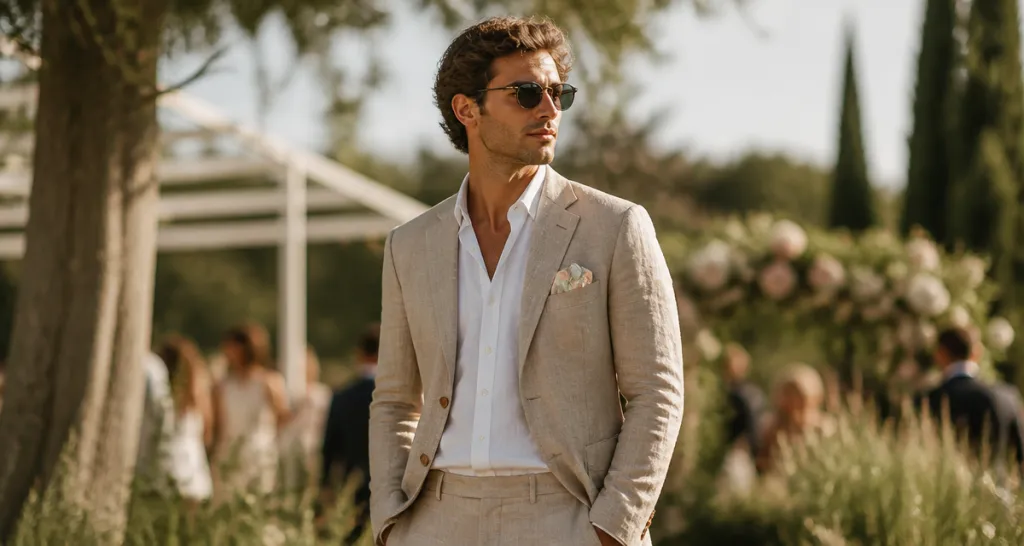 tenue mariage homme été costume lin beige jardin