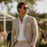 tenue mariage homme été costume lin beige jardin