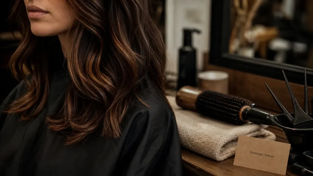 Balayage pour chatain foncé : reflets chocolat-noisette fondus