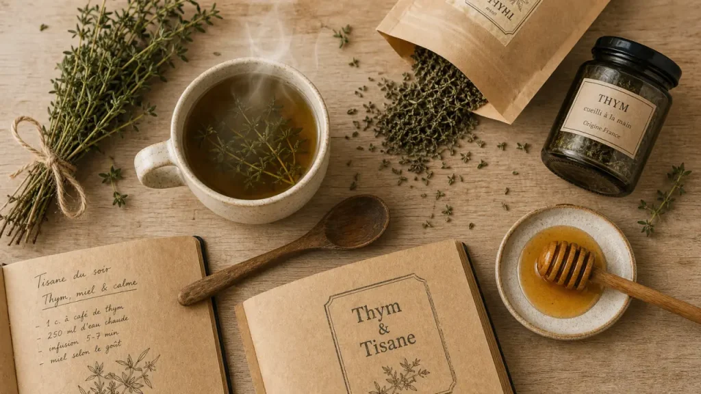 Bienfait du thym en tisane, tasse de tisane de thym avec miel et branches fraîches