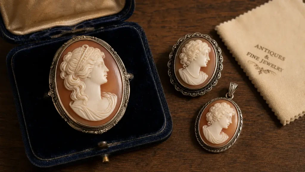 Bijoux en camée : camée en relief sur écrin velours