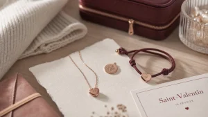 Bijoux saint valentin : collier cœur et bracelet cordon sur bureau