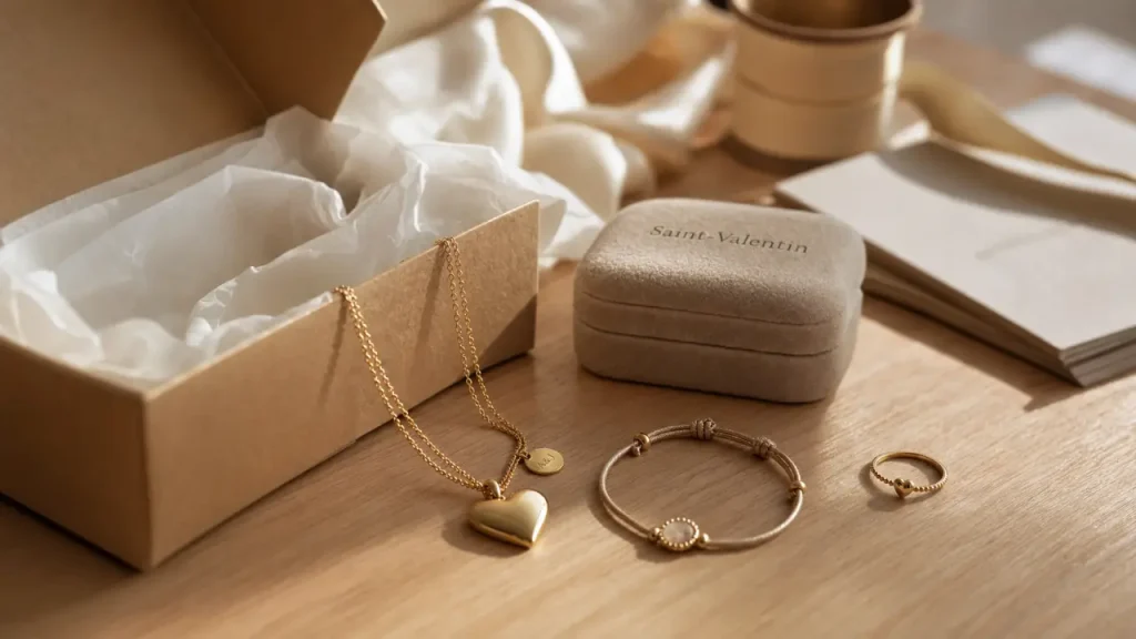 Bijoux Saint-Valentin : collier cœur et médaille, style doré