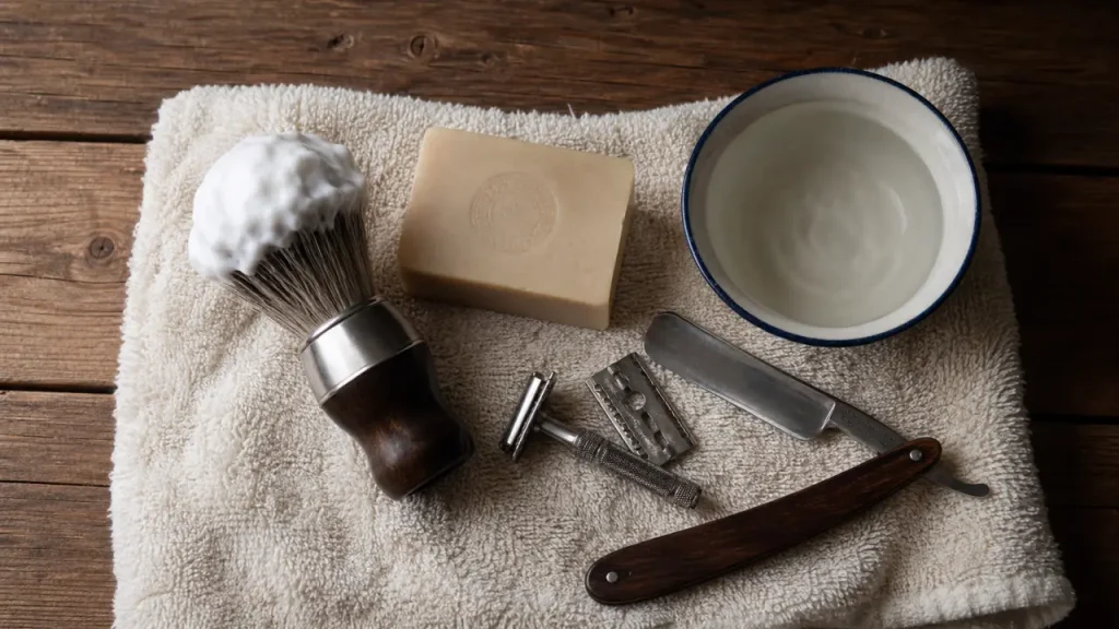 Blaireau de rasage synthétique ou sanglier, crème à raser mousse blanche