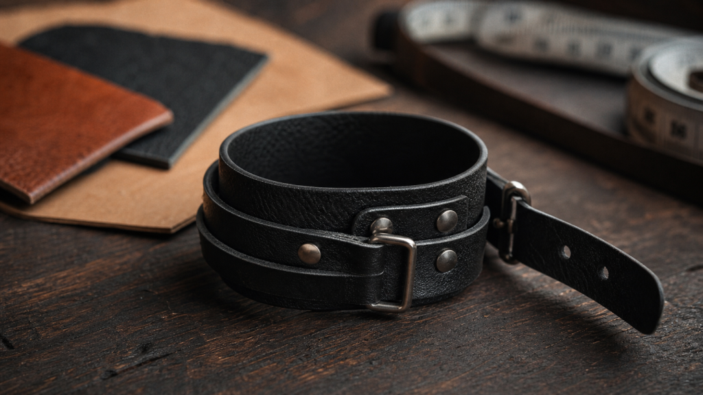 Bracelet de force cuir pleine fleur noir large au poignet, gros plan